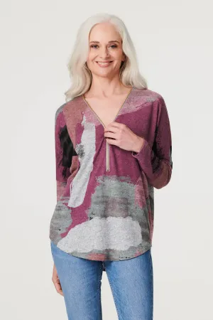 Brushstroke Oversized Zip Front Top