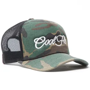 Camo White Script Trucker Cap