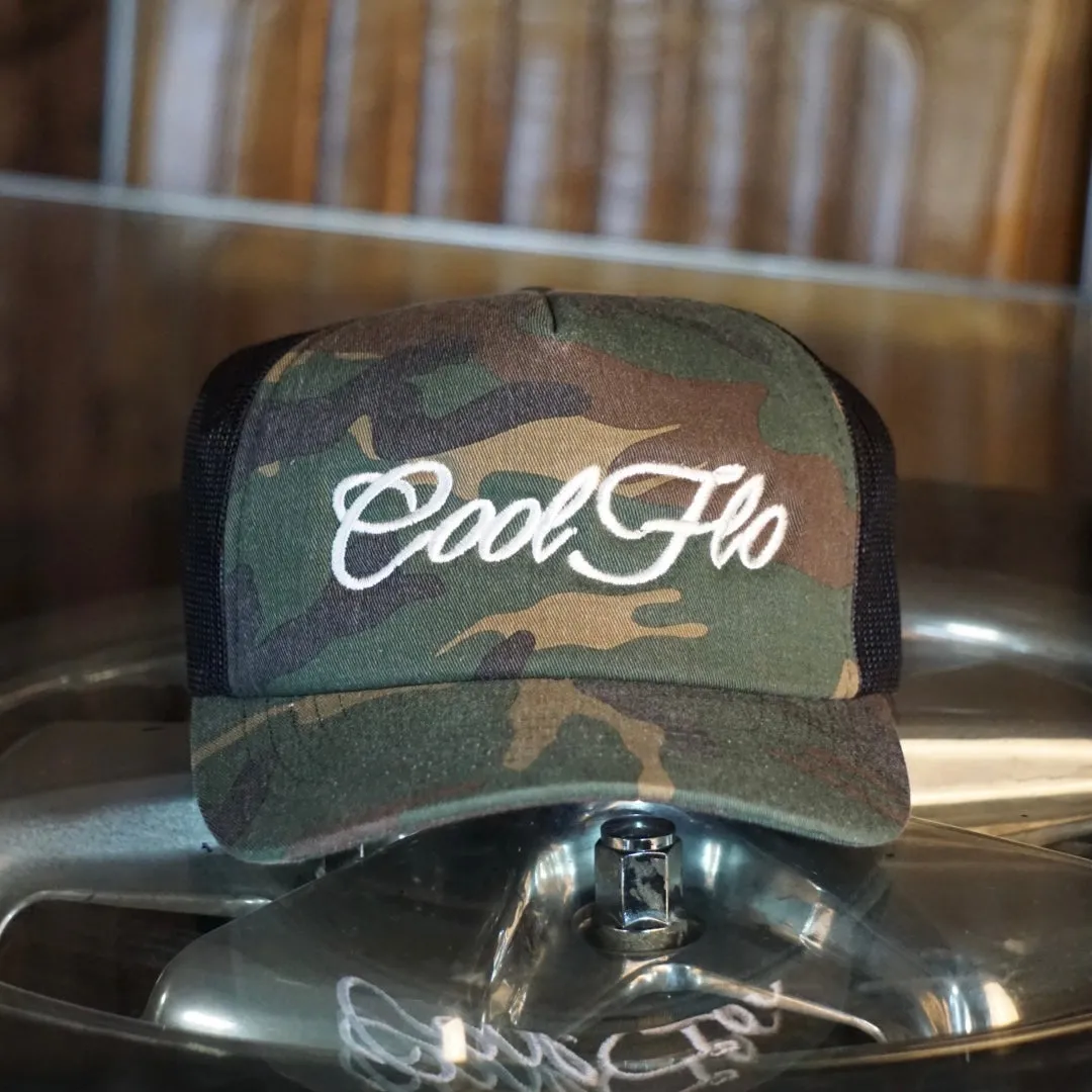 Camo White Script Trucker Cap