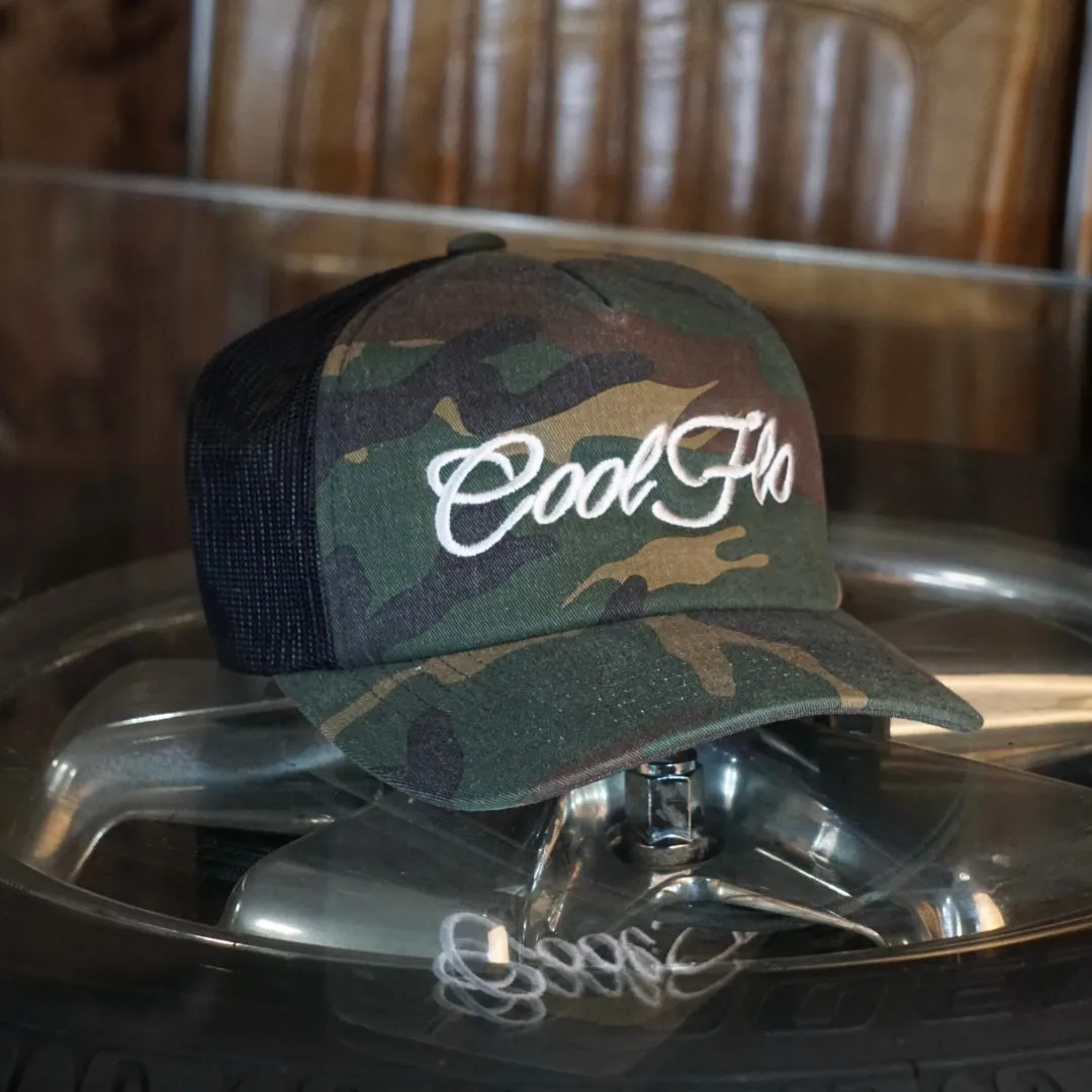 Camo White Script Trucker Cap