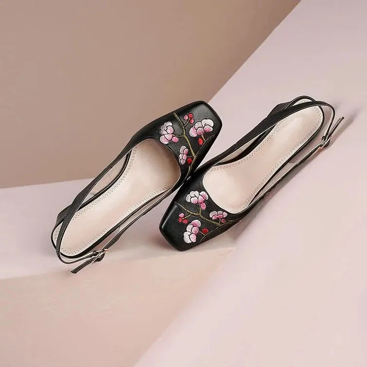 Embroidered High-Heel Slingback Shoes