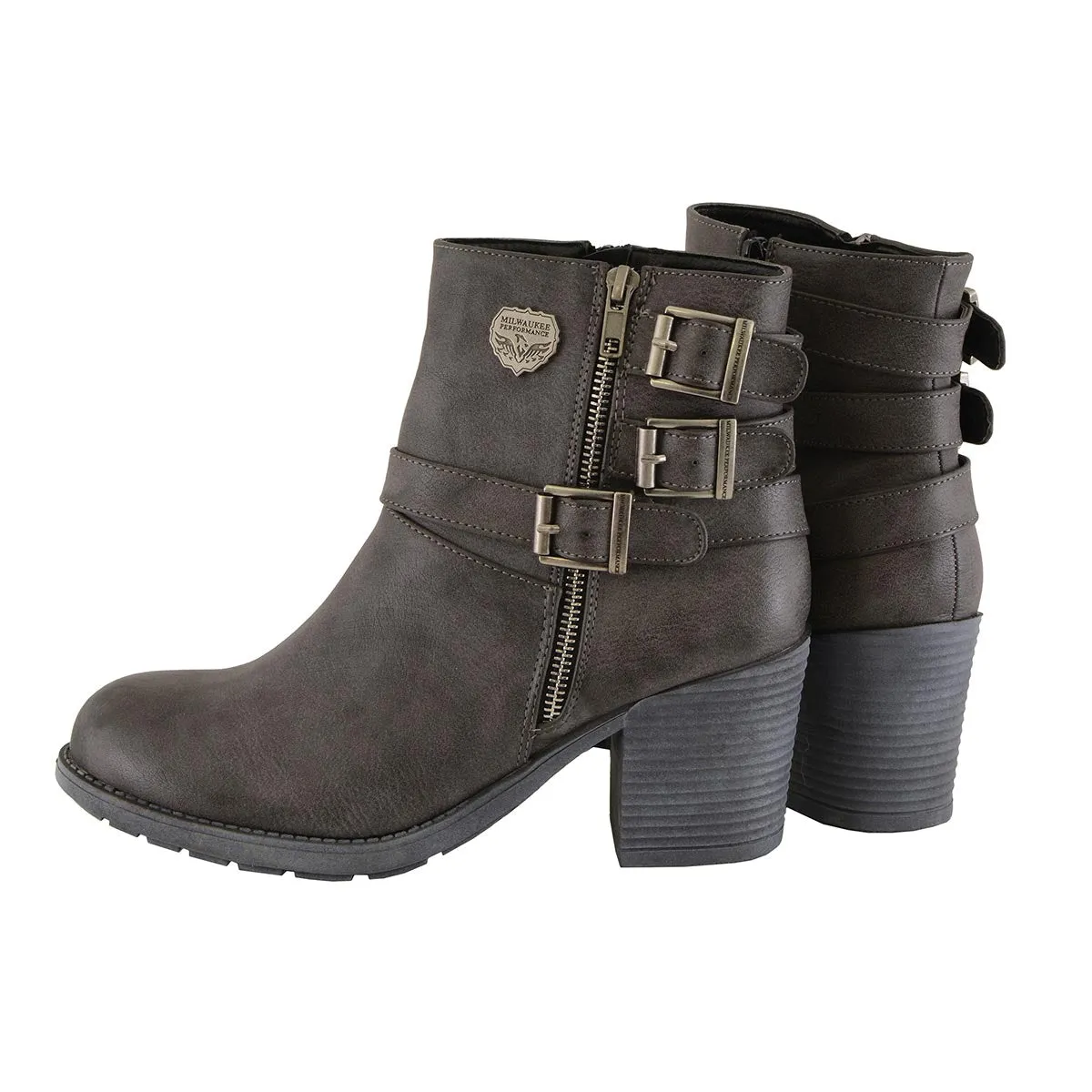 Milwaukee Leather MBL9406 Women's Stone Grey 3-Buckle Leather Boots