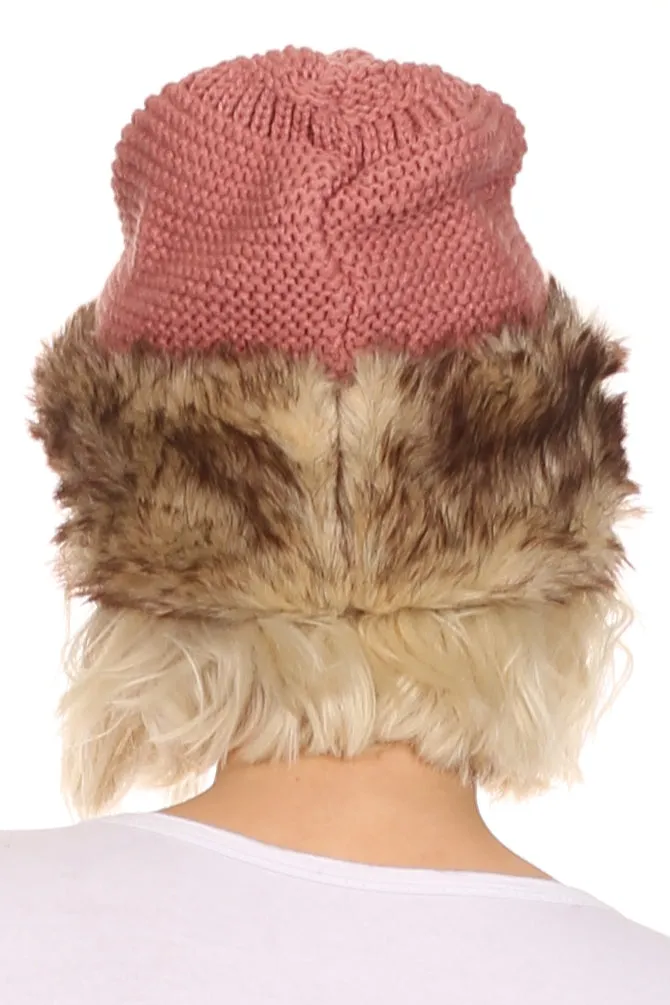 Sakkas Hansley Womens Insulated Faux Fur Brimmed Beanie Hat Cap In Classic Knit